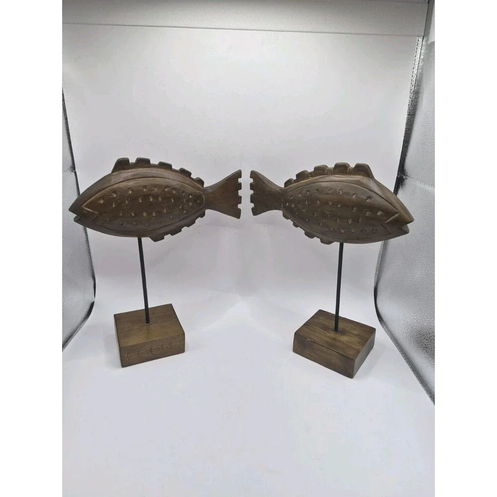 Wooden Hand Carved Fish On A Pedestal Portofino Rustic Coastal Decor
